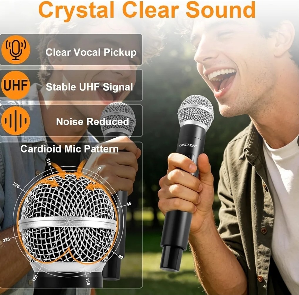 Wireless Microphone System, Dynamic Handheld Mics, 200ft Long Range, Plug & Play