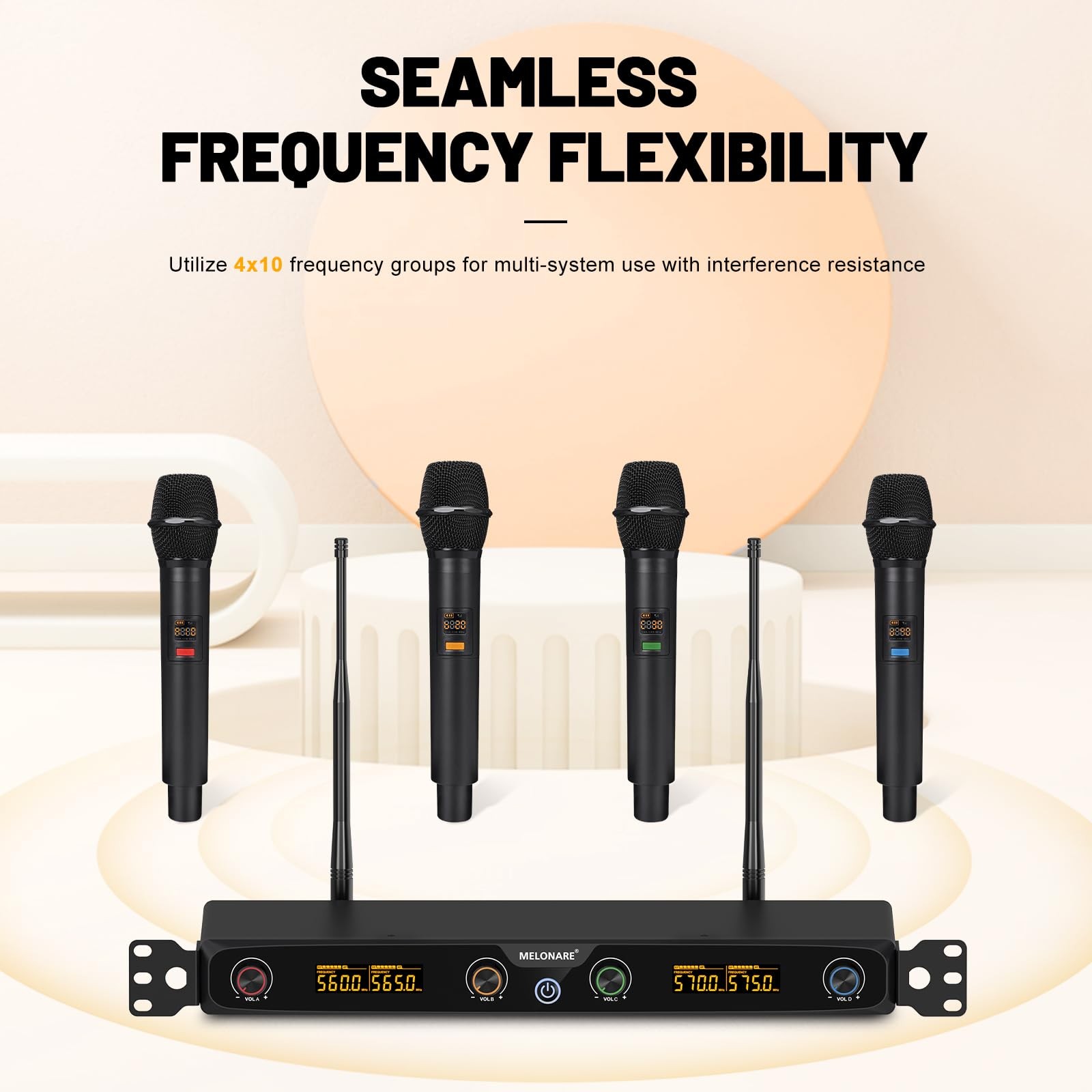 MELONARE 4-Channel Wireless Microphone System, UHF Rackmountable Black