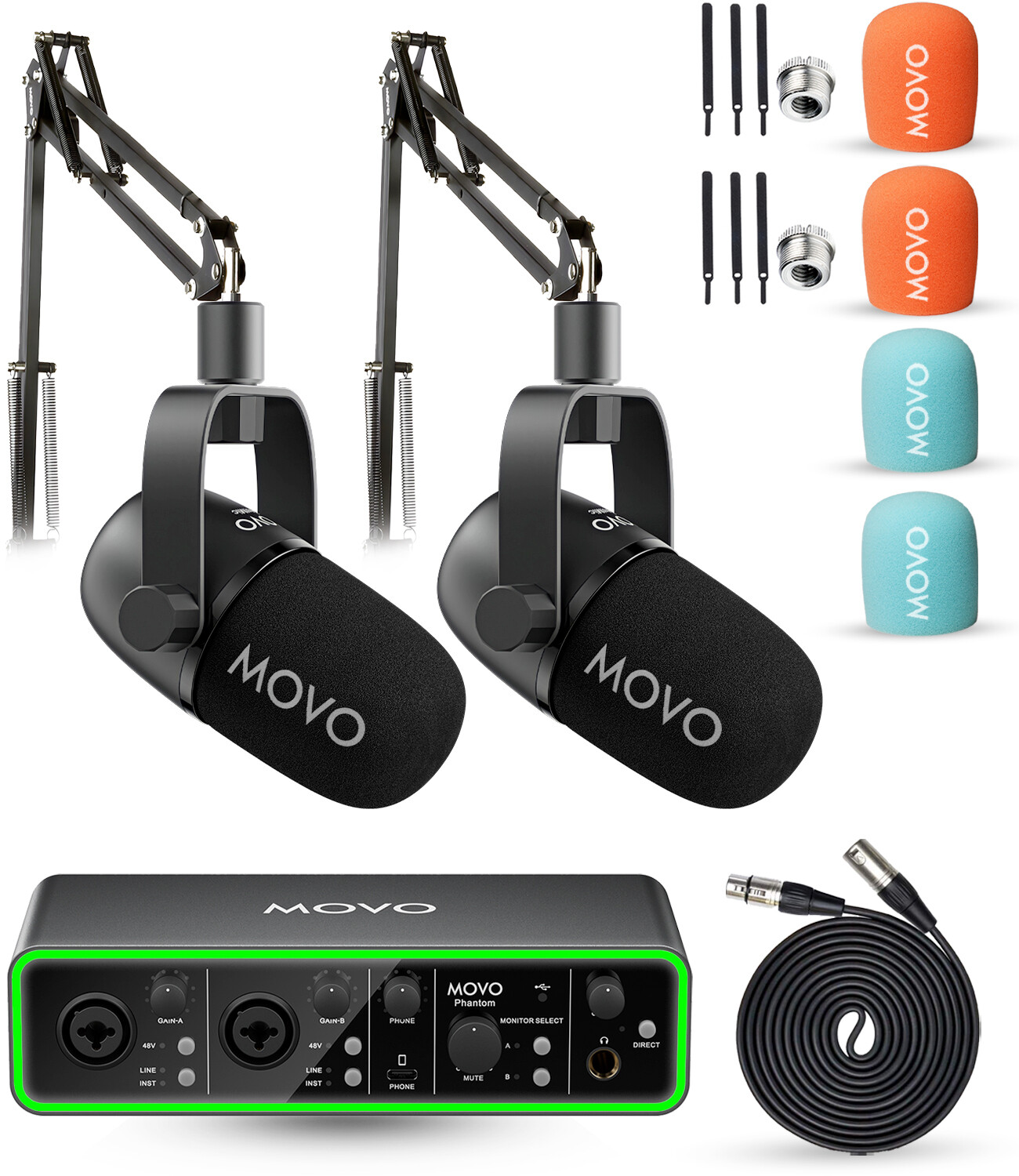 Movo PHANTOM+CastMic+ASM5-2Pack Audio Recording Bundle with Boom Arms