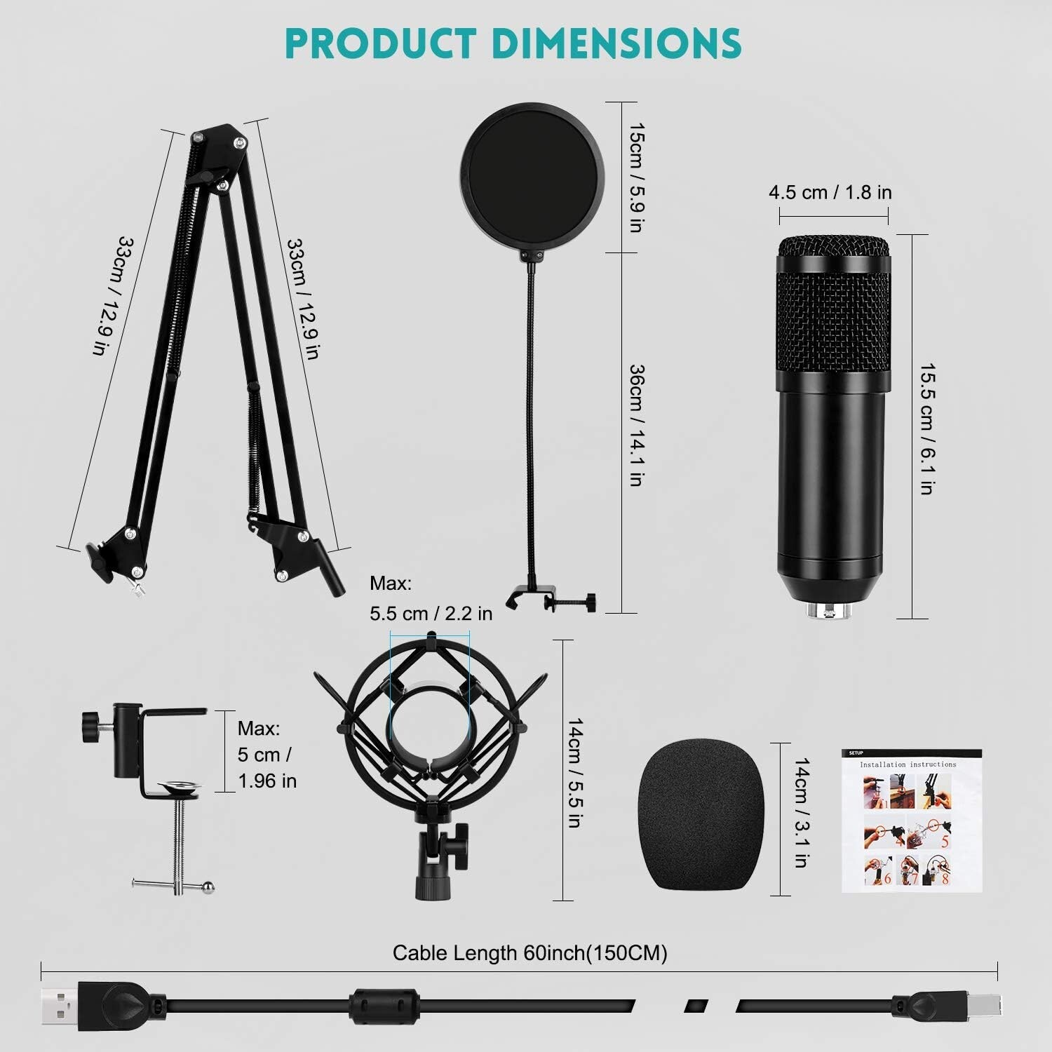 USB Condenser Microphone for Computer PC 192KHZ/24BIT Adjustable Scissor Arm