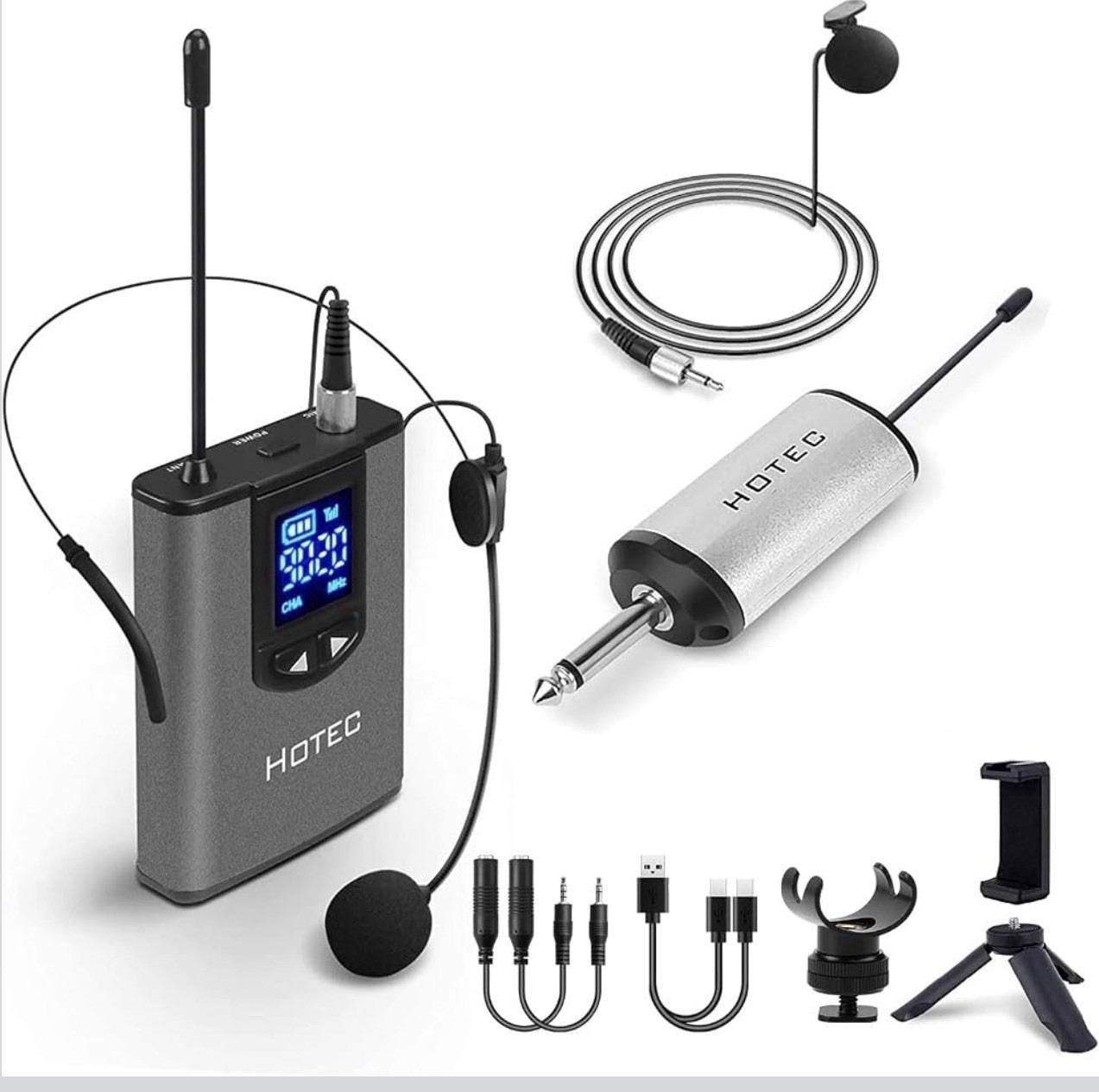 UHF Wireless Headset Microphone/Lavalier Lapel Mic with Bodypack Transmitter and