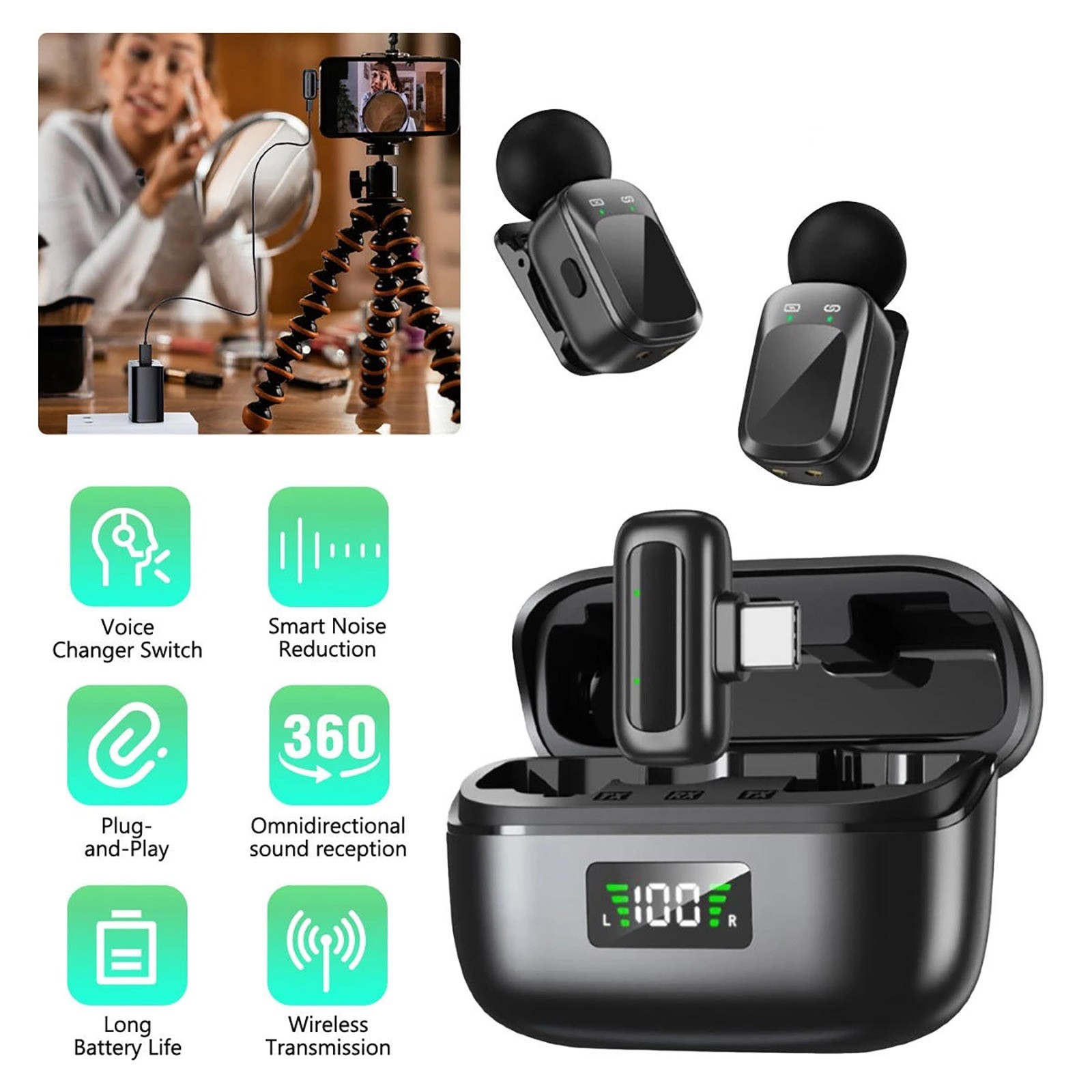 2.4G Wireless Lavalier Microphone for Type-C Phone Tablet Laptop Video Recording
