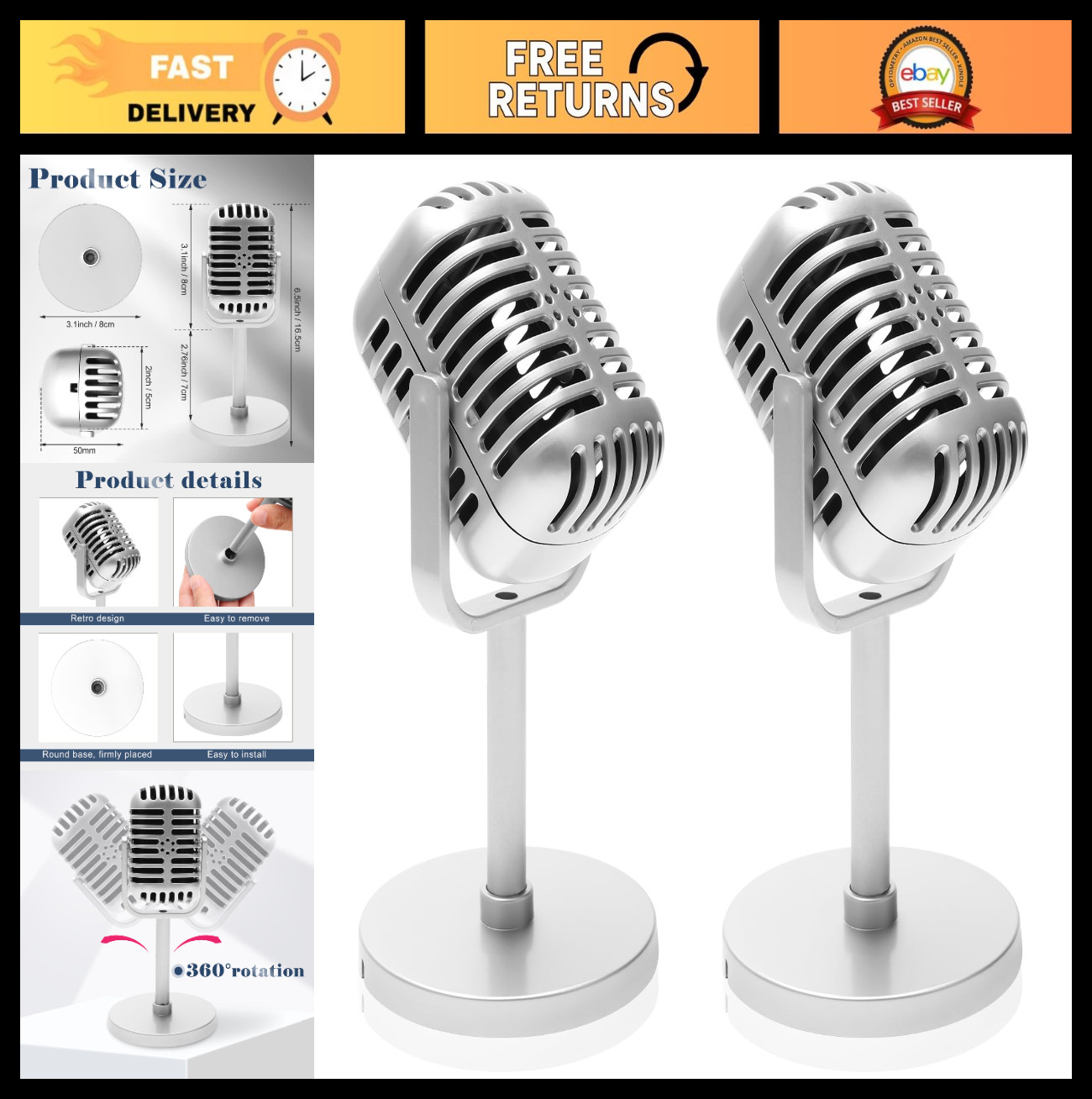 2 Pack Retro Microphone Props – 6.5″ Music Party Decor, Vintage Photo Props, Pla