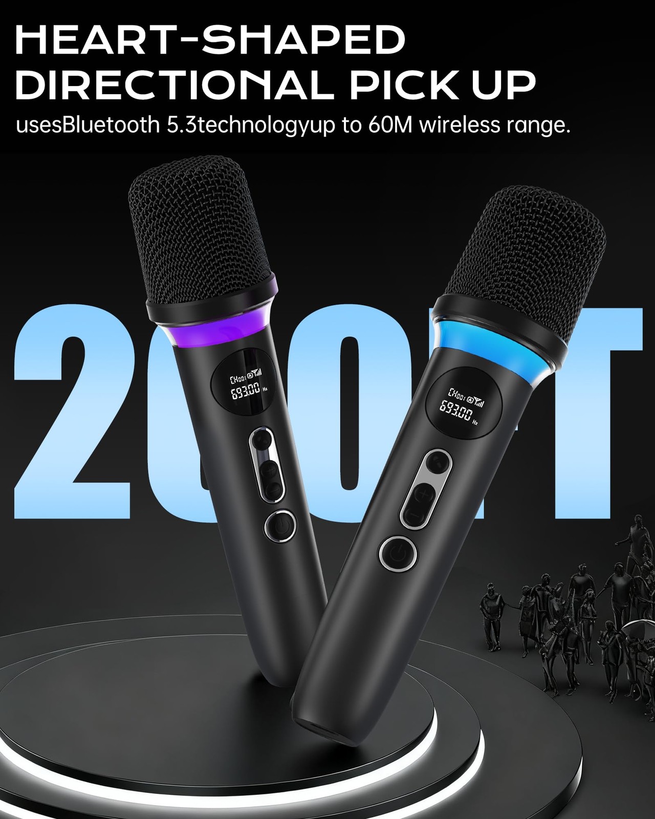 Dual Handheld Wireless Dynamic Microphone RGB Light 200FT Range 40Hour