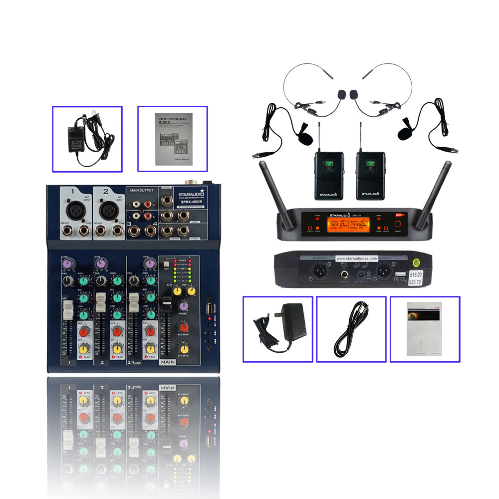 2 Channel Headset Lavalier Lapel Bodypack Microphone 4 Channel Live Studio Mixer