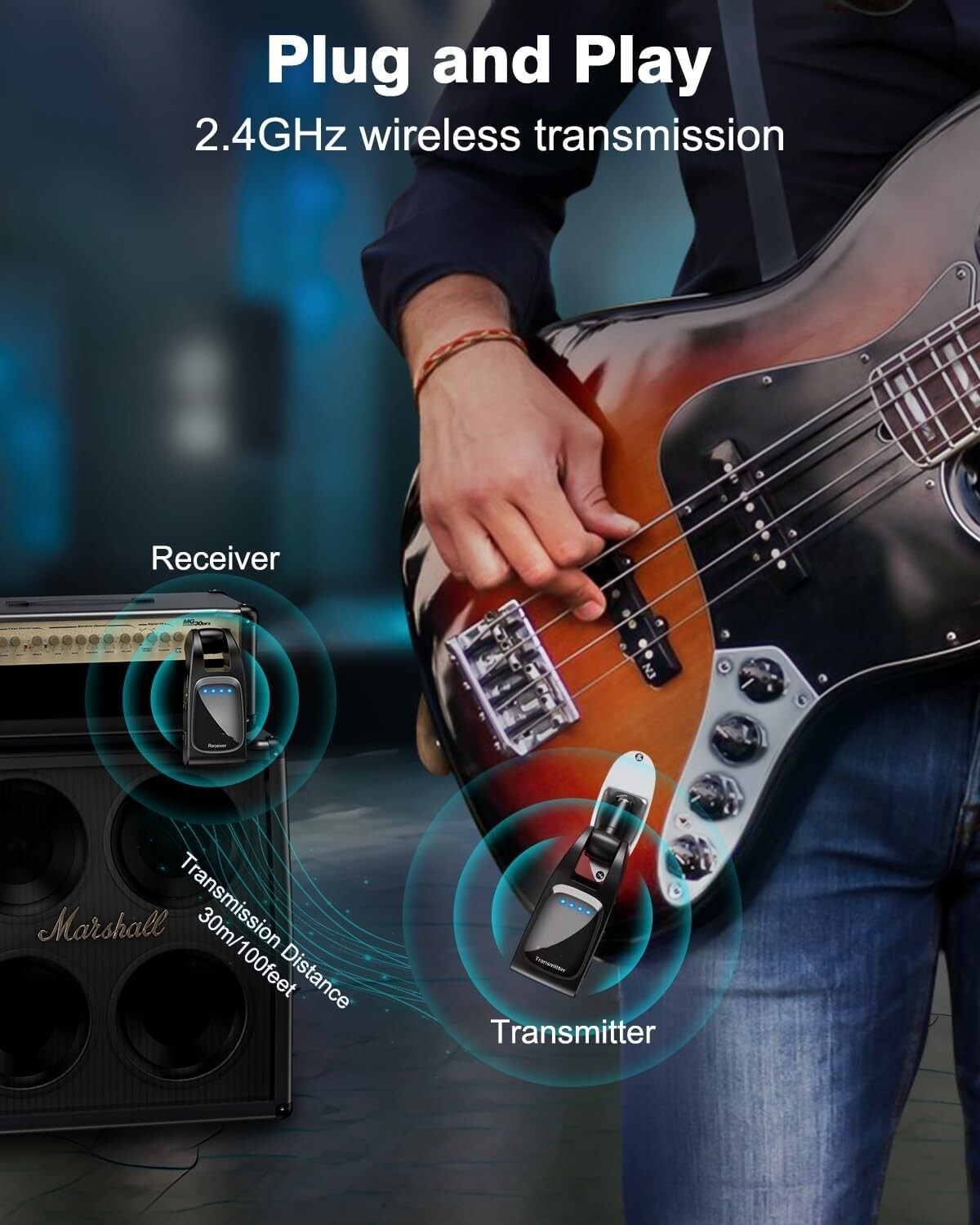 Sistema Inalambrico Para Guitarra Receptor De Transmisor Audio Recargable 6 Cana