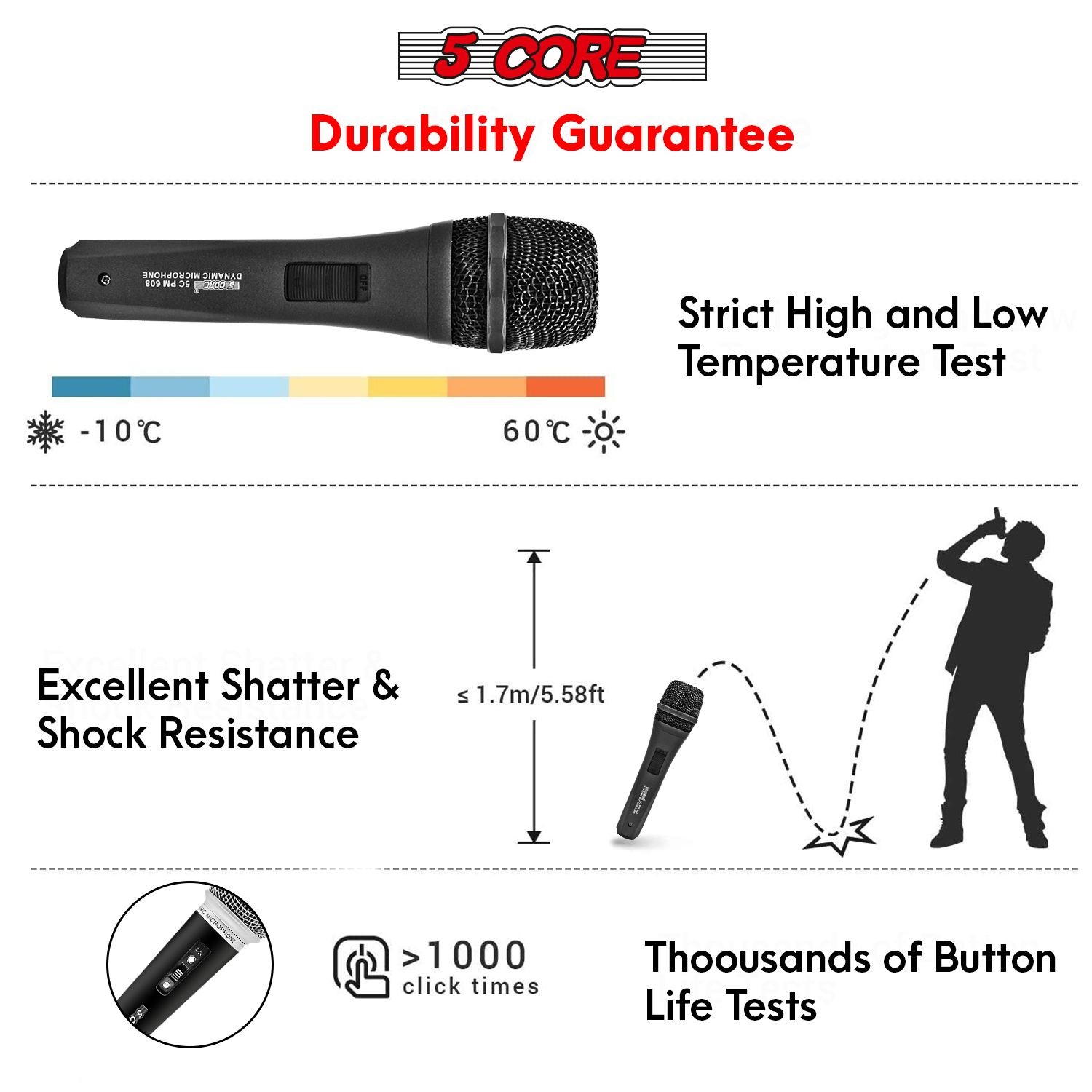 5 Core Dynamic Vocal Microphone Cardioid Handheld Mic w/XLR Cable PM608
