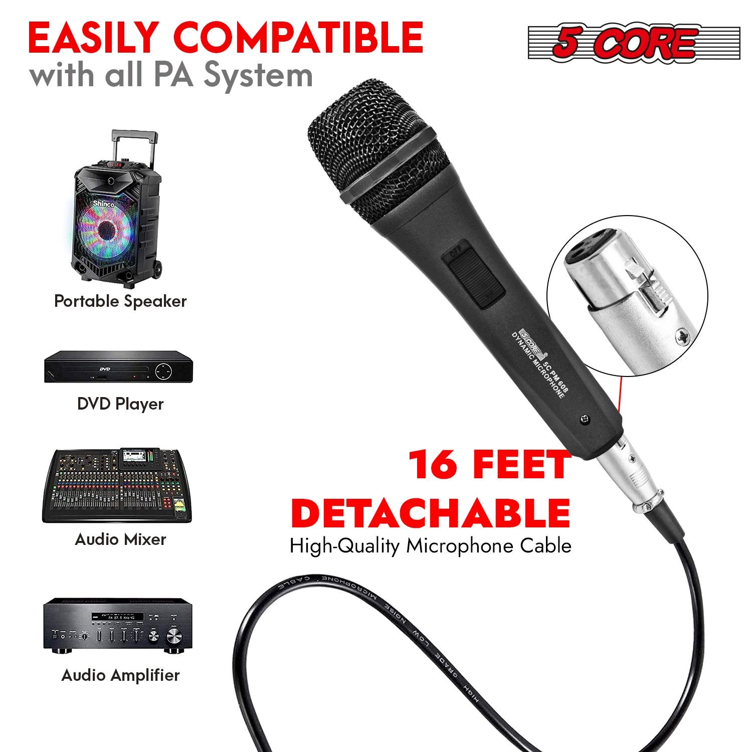 5 Core Dynamic Vocal Microphone Cardioid Handheld Mic w/XLR Cable PM608