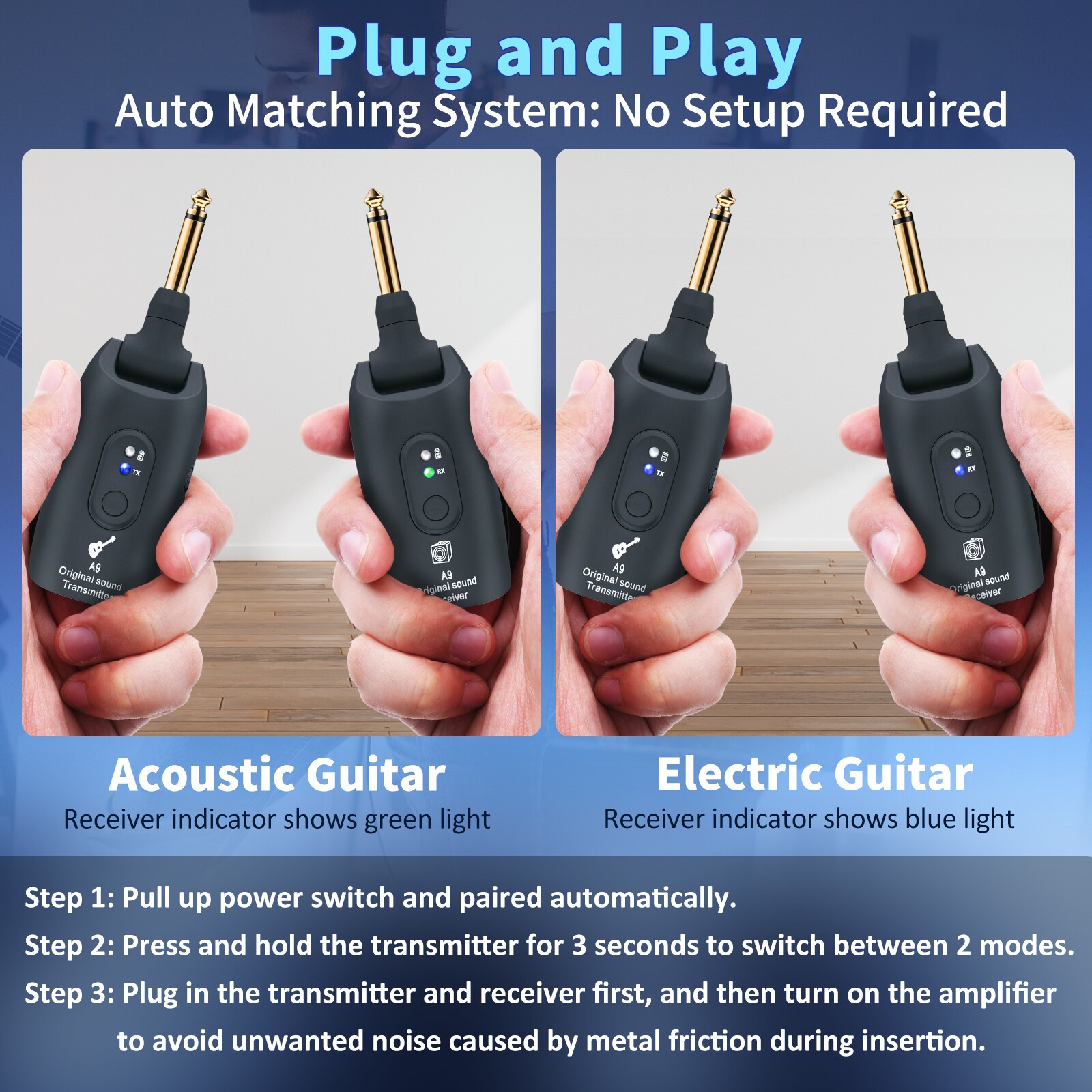 2.4GHz Wireless Guitar System Transmitter Receiver 100ft Rechargeable US