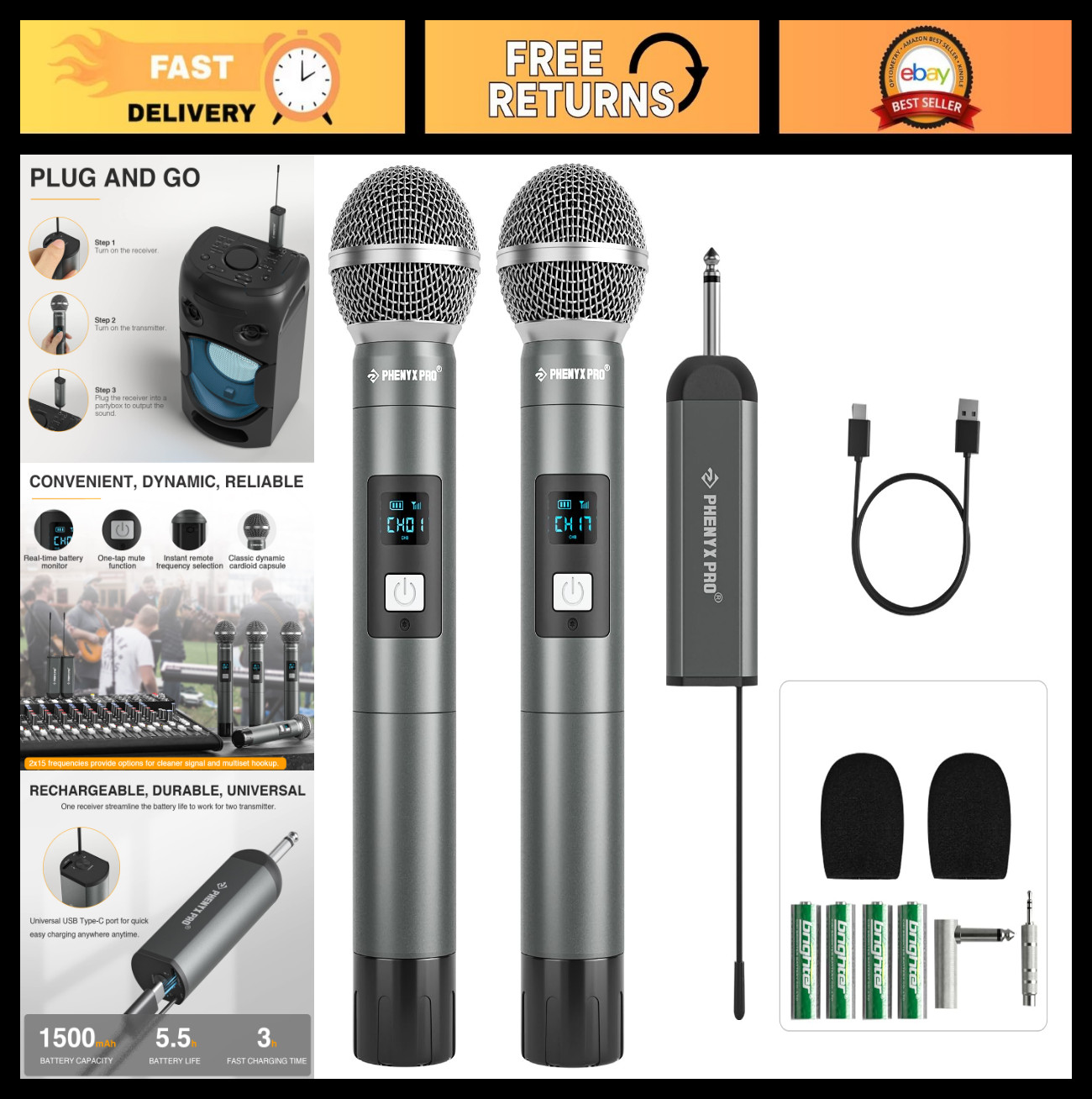 Dual Wireless Microphone System with 2 Handheld Mics, UHF, Mini Receiver for Kar
