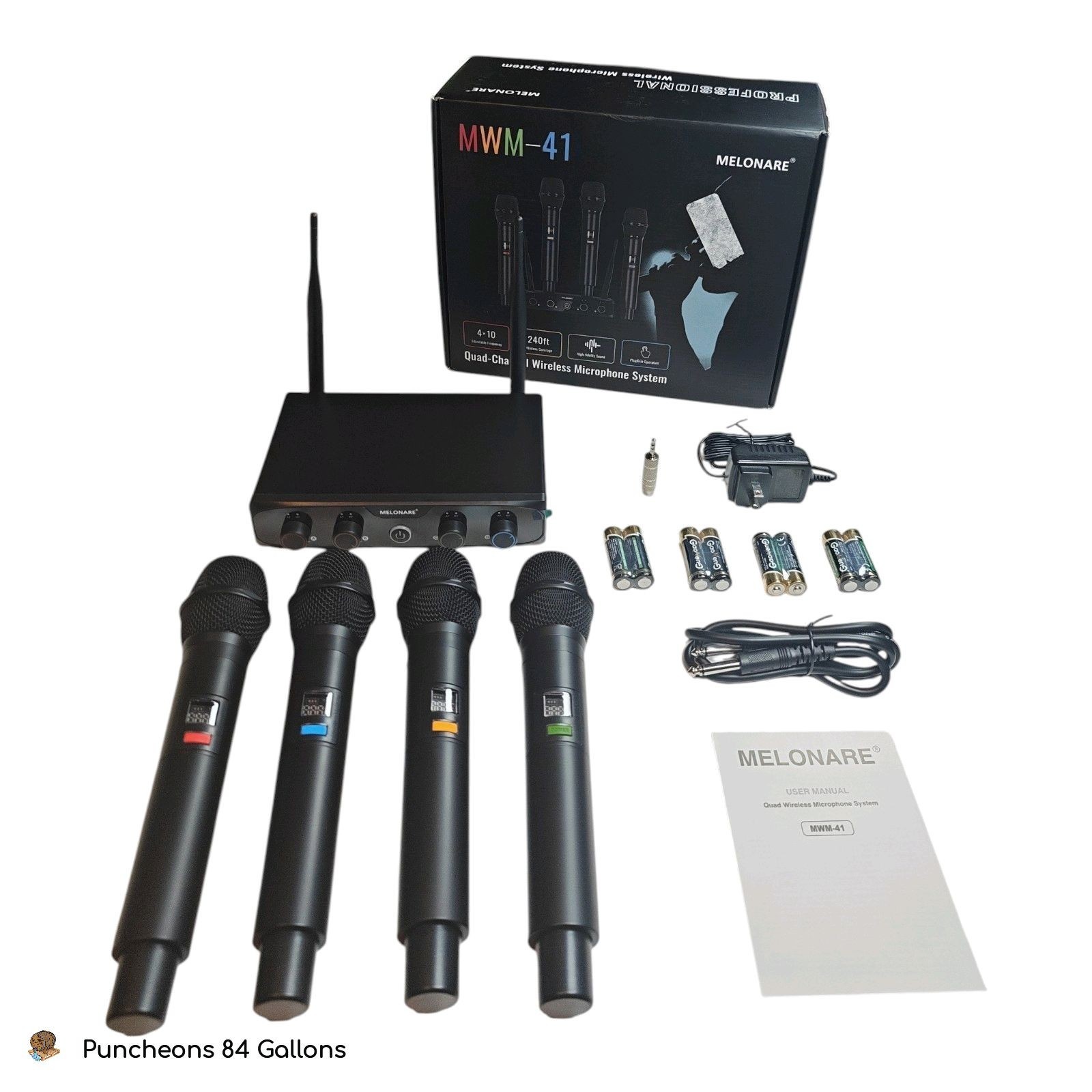 MELONARE 4-Channel Wireless Microphone System with 200ft UHF Range MWM-41-4H