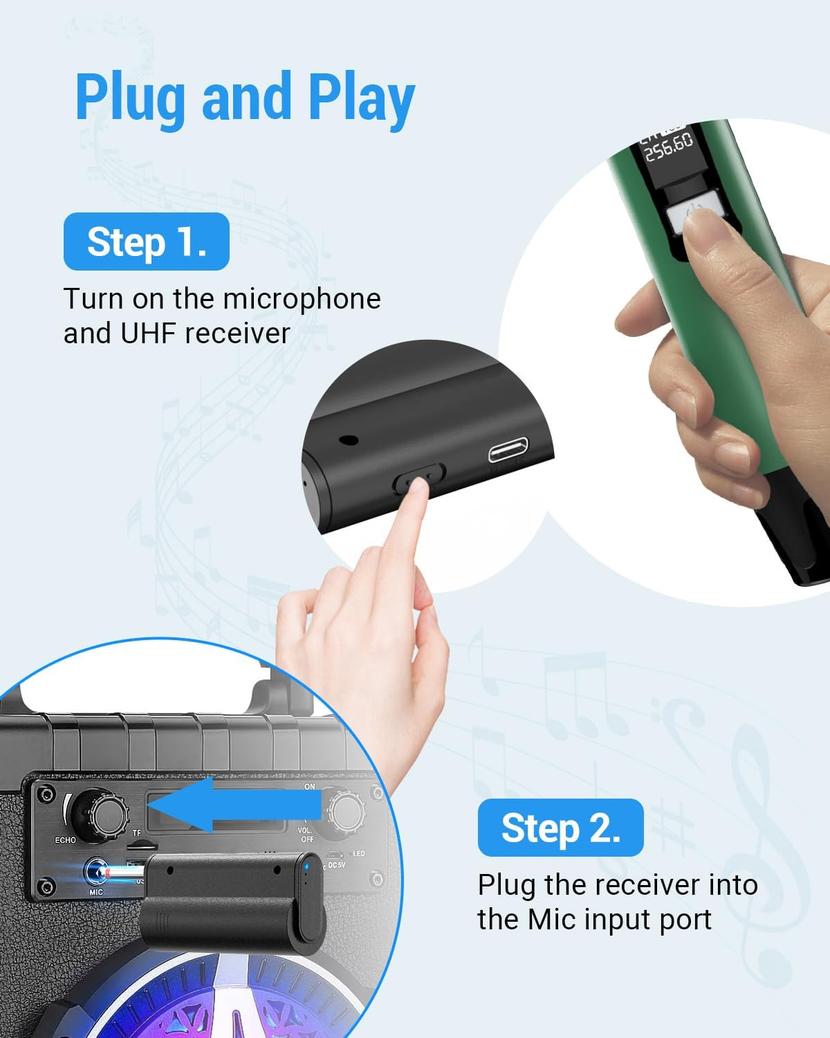Rechargeable Wireless Microphone, Two Metal UHF Microphones with 1/4″ Receiver,