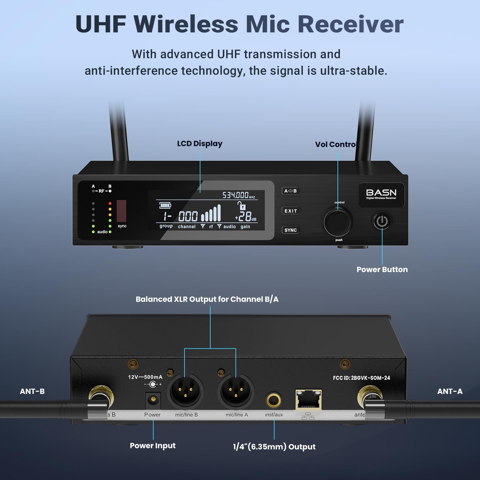 BASN Wireless Two Microphone System with UHF Dual-Channel Black & White