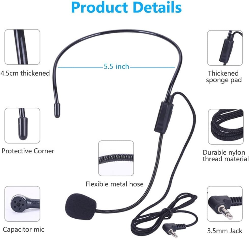 2Pcs Microphone Headset Mic Flexible Wired Boom for Voice Amplifier 3.5Mm Connec