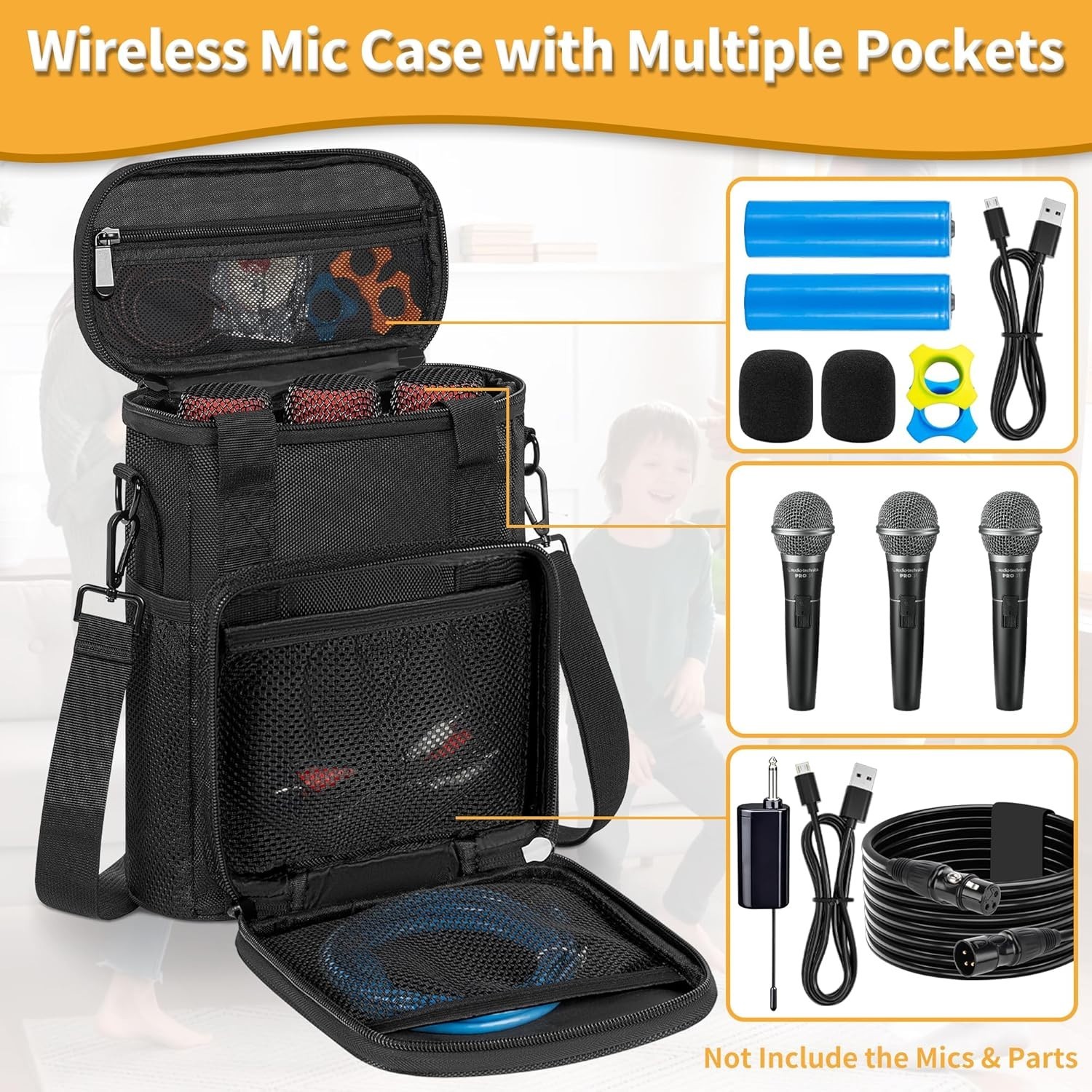 Black 3 Slots Wireless Microphone Case with Foam and Shoulder Strap