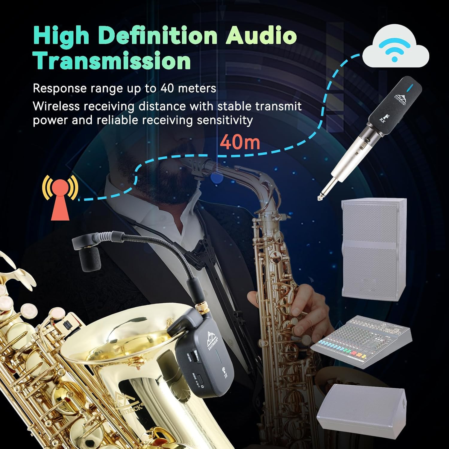 Wireless Saxophone System – 130ft Range, Rechargeable Mic & Receiver Case