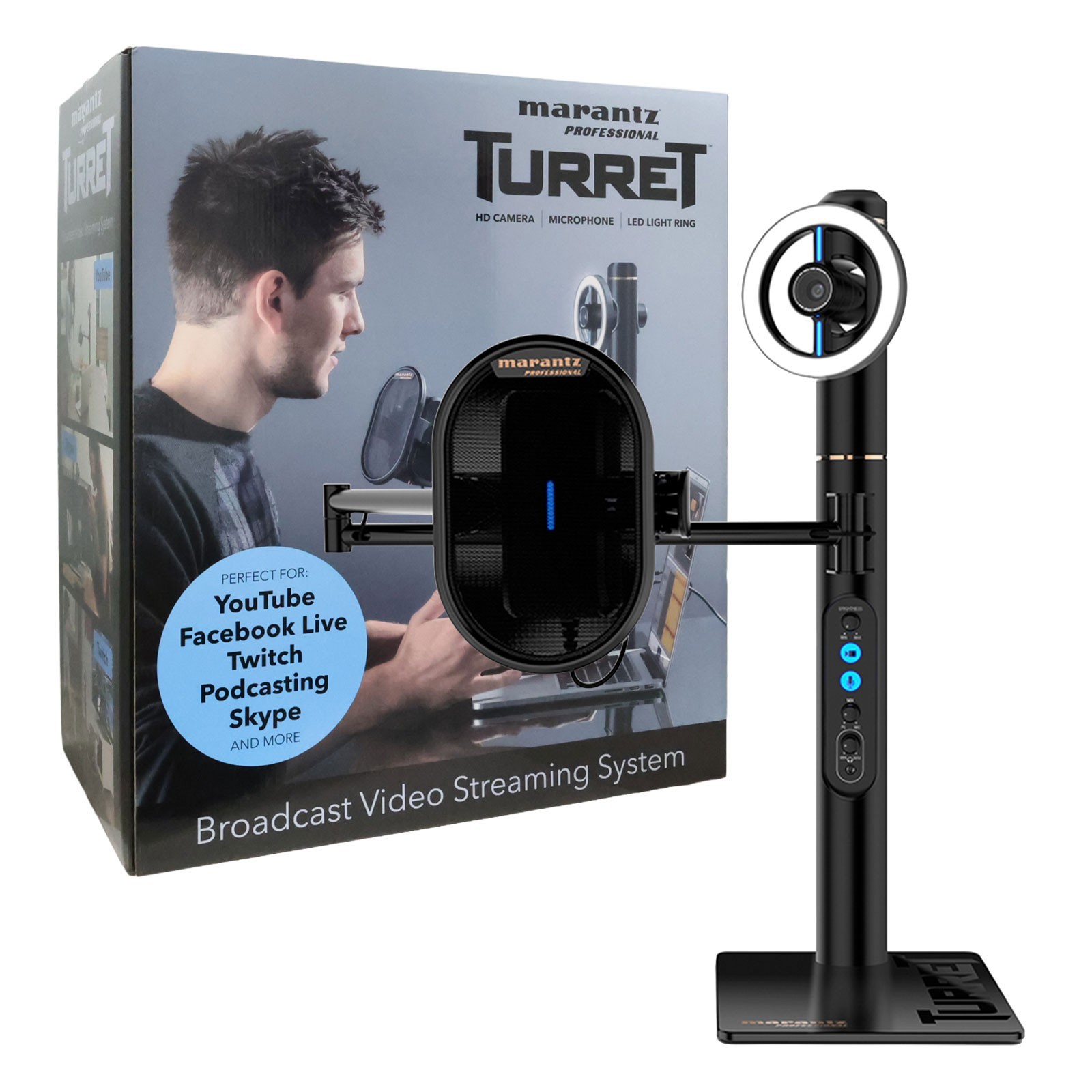 Marantz Turret USB Podcast Studio Mic LED Light Webcam Streaming System Kit
