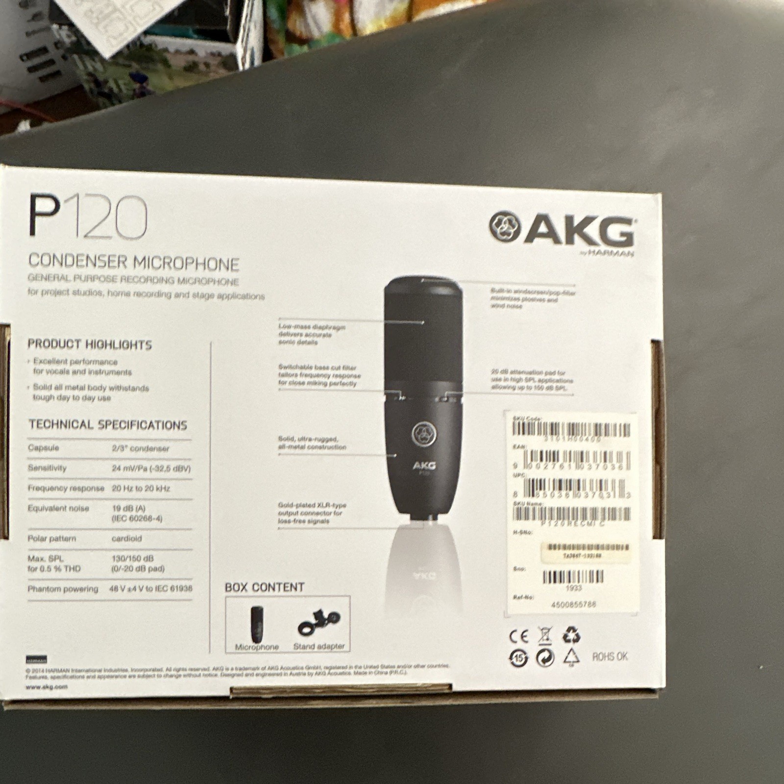 AKG P120 Cardioid Condenser Microphone XLR Wired Black w/ Box & Manuals