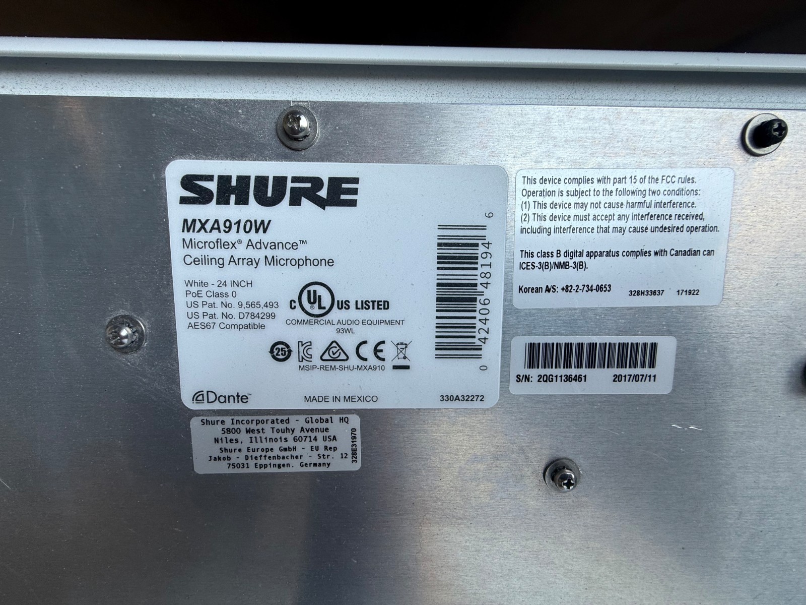 Shure MXA910W Microflex Wired Ceiling Array Microphone