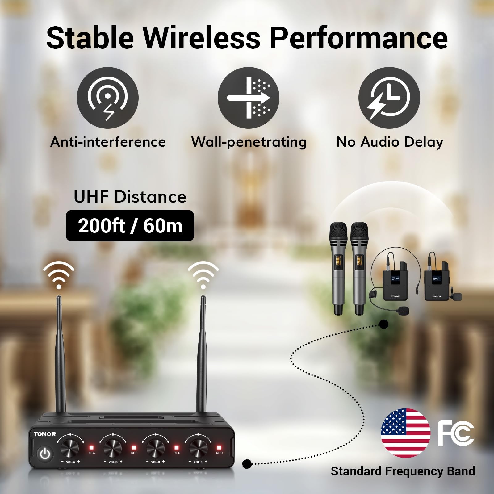 TONOR Wireless Microphone System, 4 * 10-Channel UHF Cordless Handheld Black