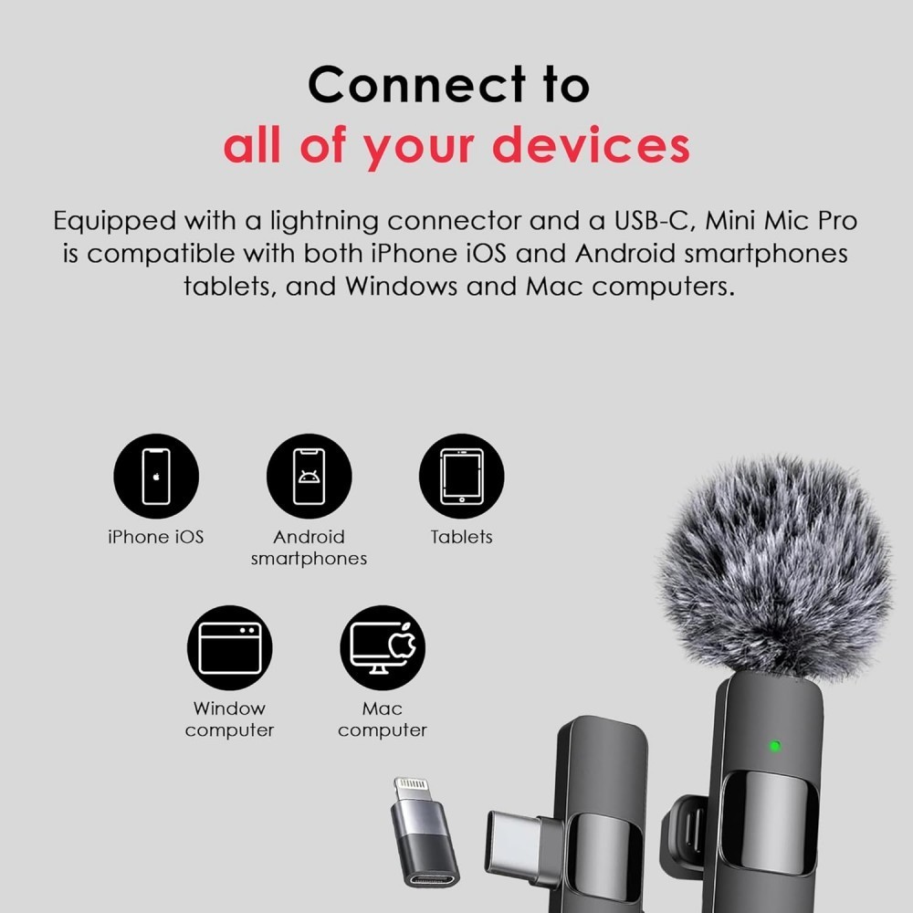 Wireless Lavalier Microphone for iPhone Android iPad 2Pack USB-C Lightning 850ft