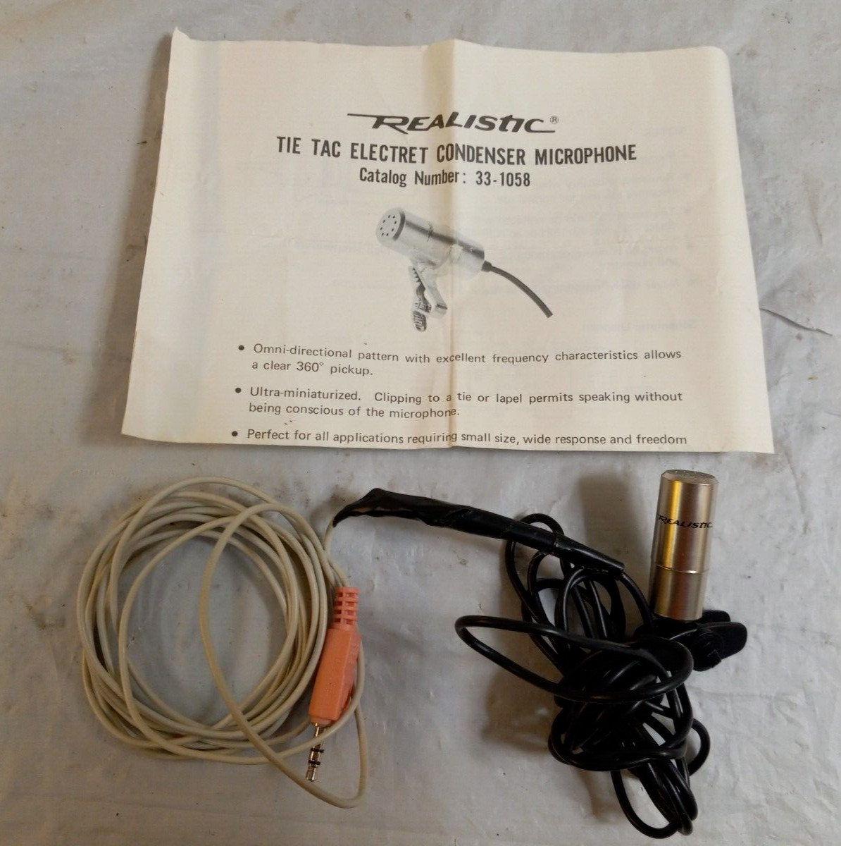 REALISTIC 33-1058 Tie Tac MICROPHONE Spliced / Converted to 3.5mm Audio Cable