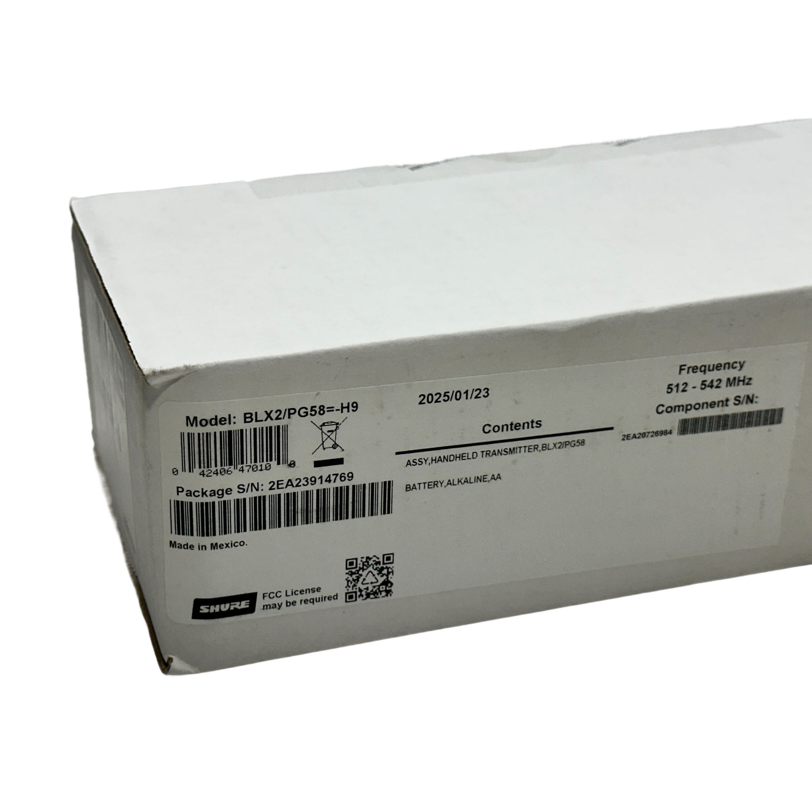 Shure BLX2/PG58 Microphone Wireless Handheld Transmitter Vocal H9 Band Open Box