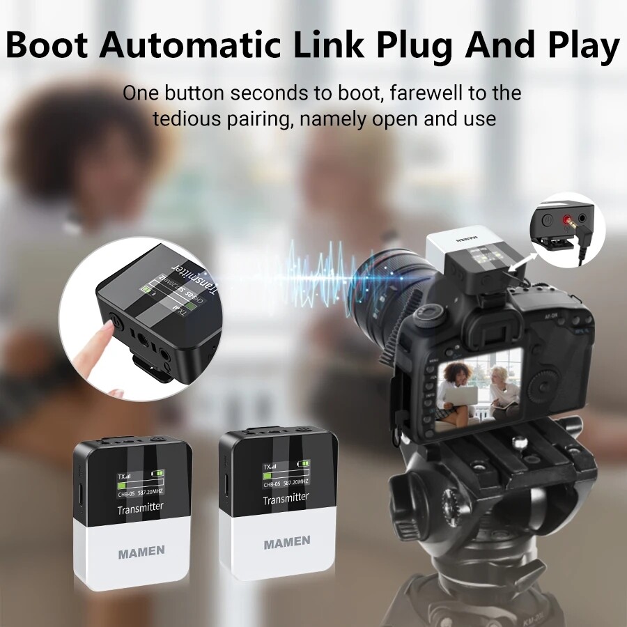 MAMEN Mini UHF Wireless Lavalier Microphone 800mAh Battery 50m Camera Smartphone