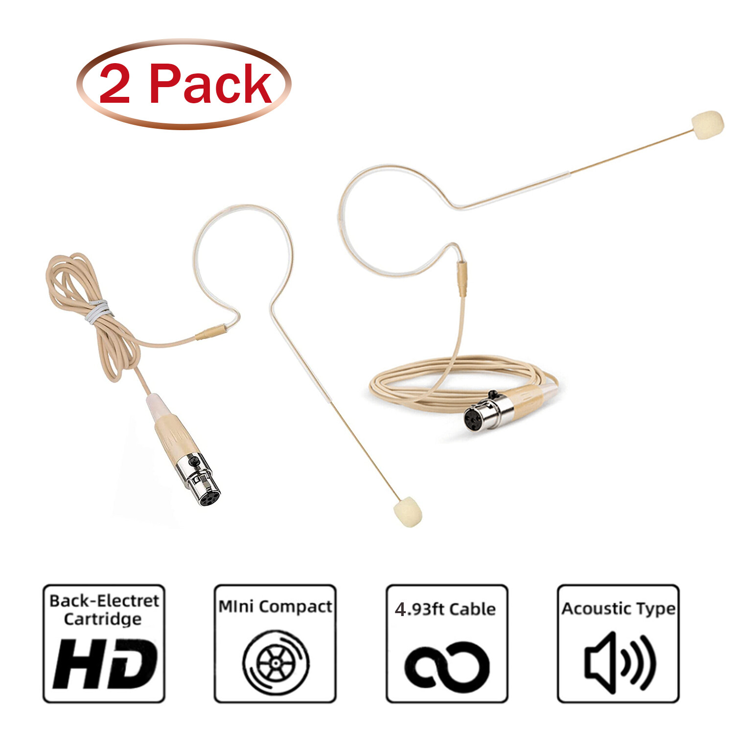 2x Beige Single Earhook Headset mini XLR Microphone for Shure Wireless-TA4F 4pin