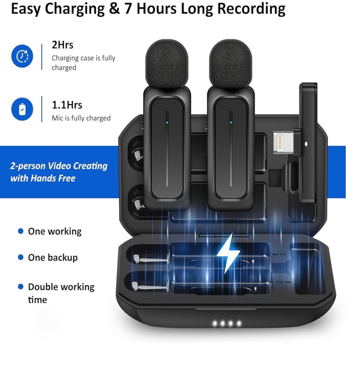 2pcs wireless lavalier mics with case, 7H use, 3-mode denoise, 70ft range