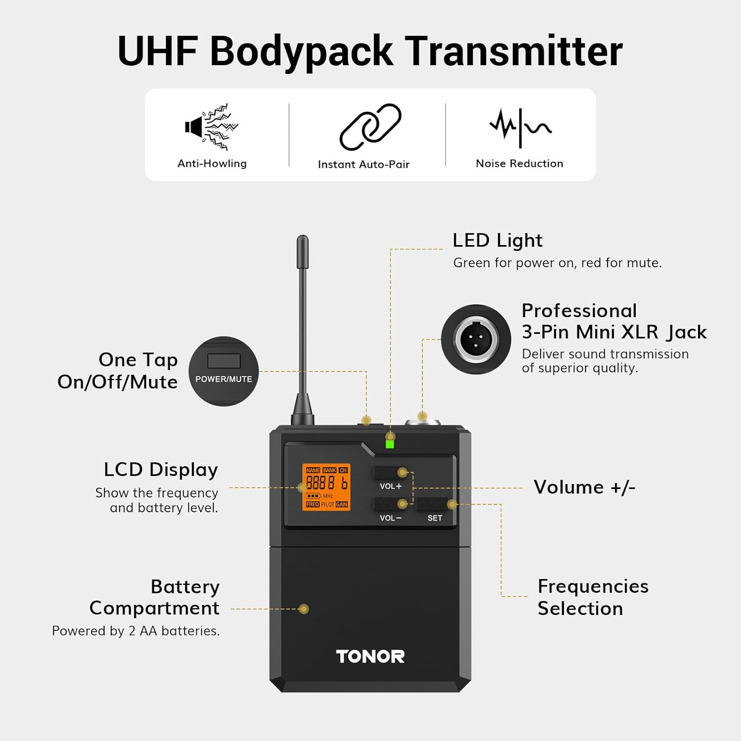 Sistema de Microfono Inalambrico UHF de Solapa con Transmisor Bodypack y Base
