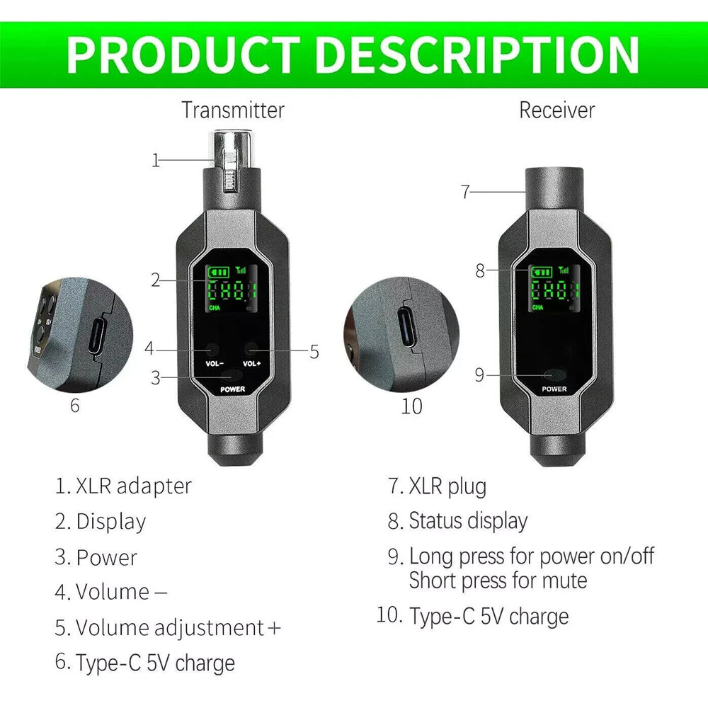 Microphone Converter XLR Transmitter and Receiver Microphone Wireless System New