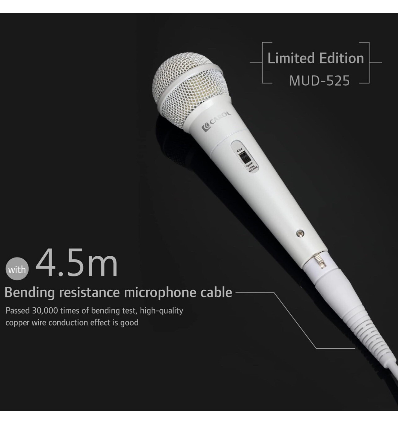 Carol MUD-525 Cardioid Dynamic Microphone Vocal, White Microphone 14.8ft XLR
