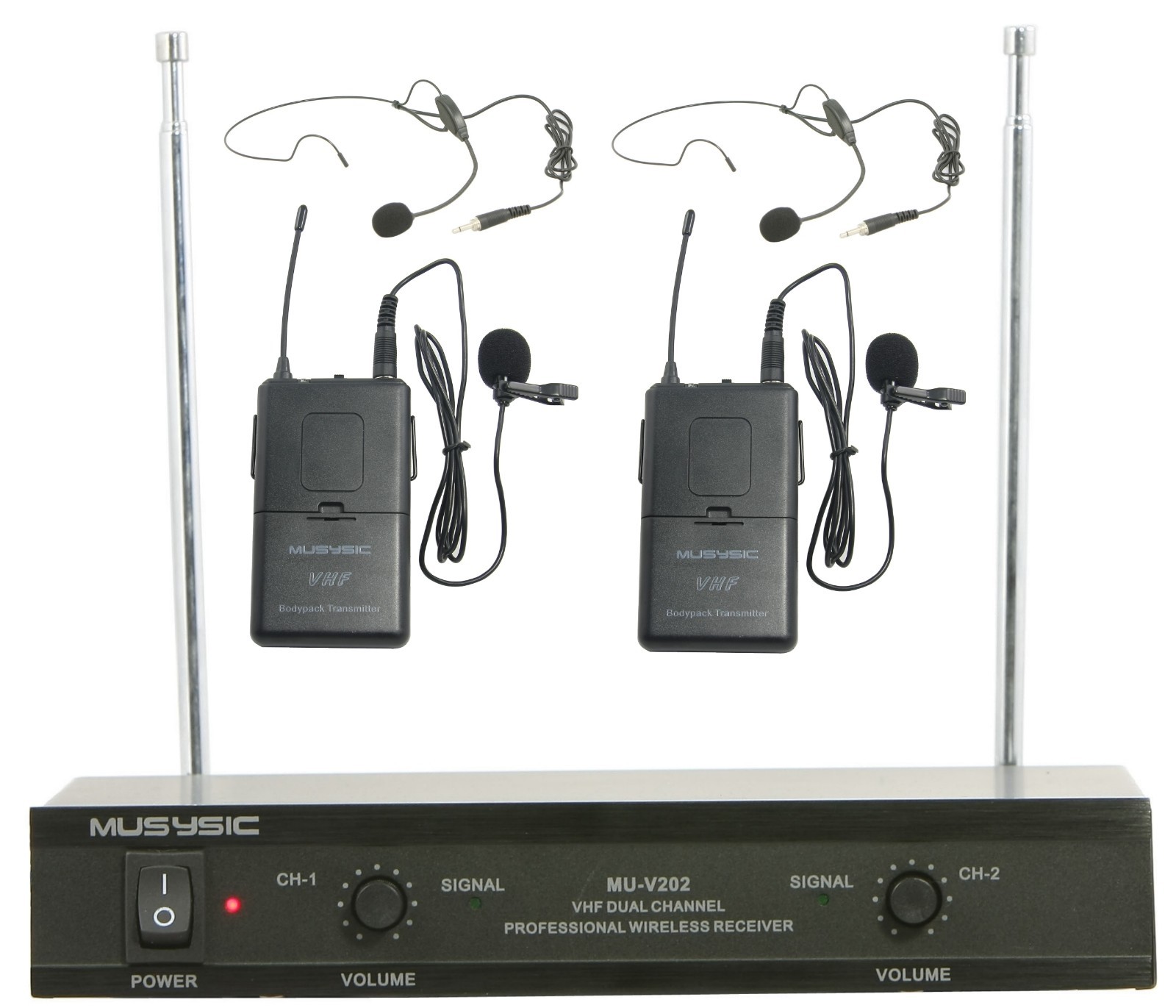 MUSYSIC Dual Channel VHF Wireless Lapel / Lavalier / Headset Microphone System