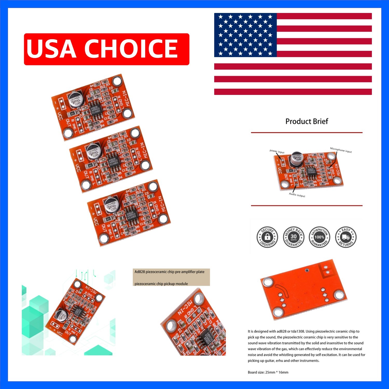 3Pcs AD828 Stereo Dynamic Microphone Preamplifier Board Pickup Module DC 3.8V…