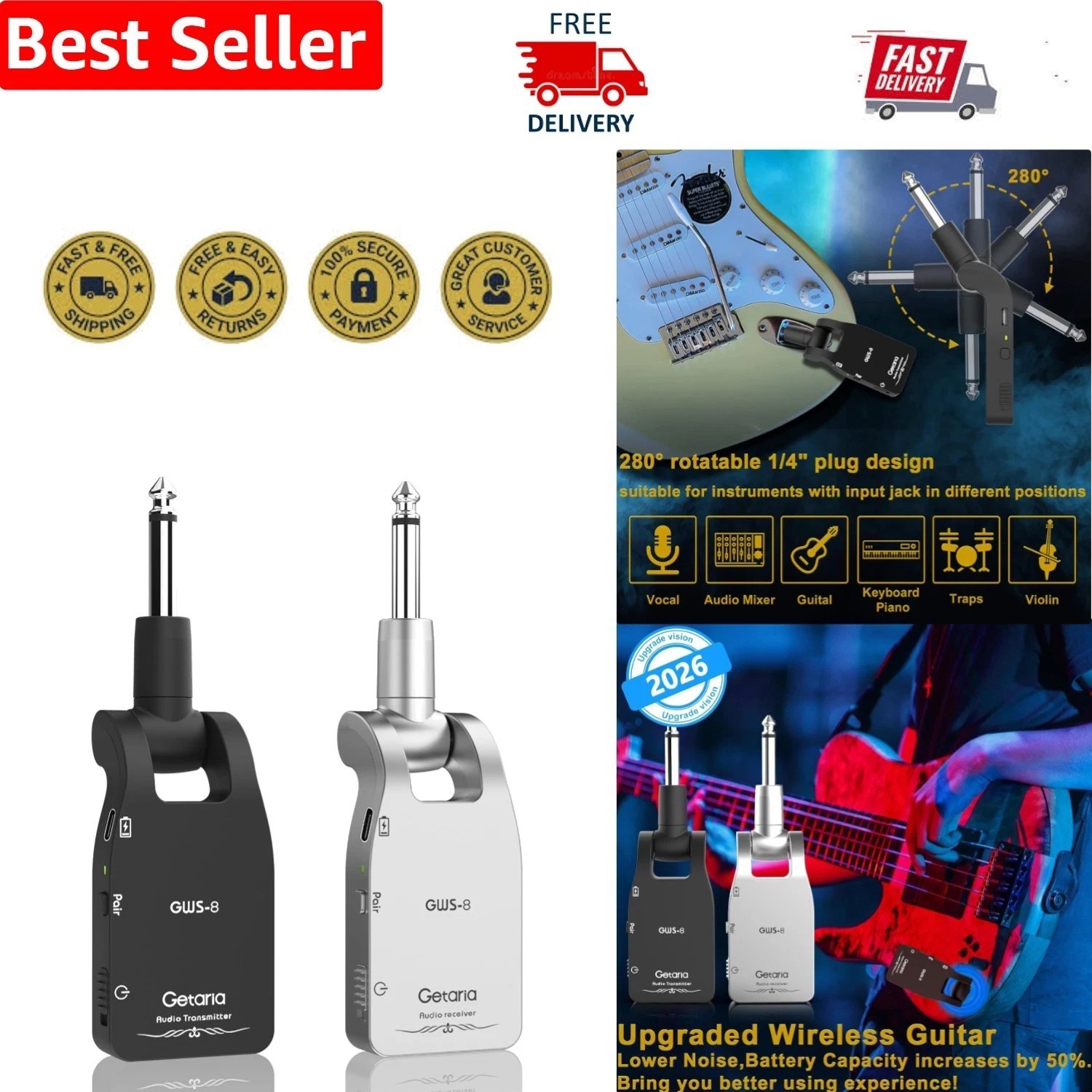 2.4GHz Wireless Guitar System with Rechargeable Battery – Plug & Play Format