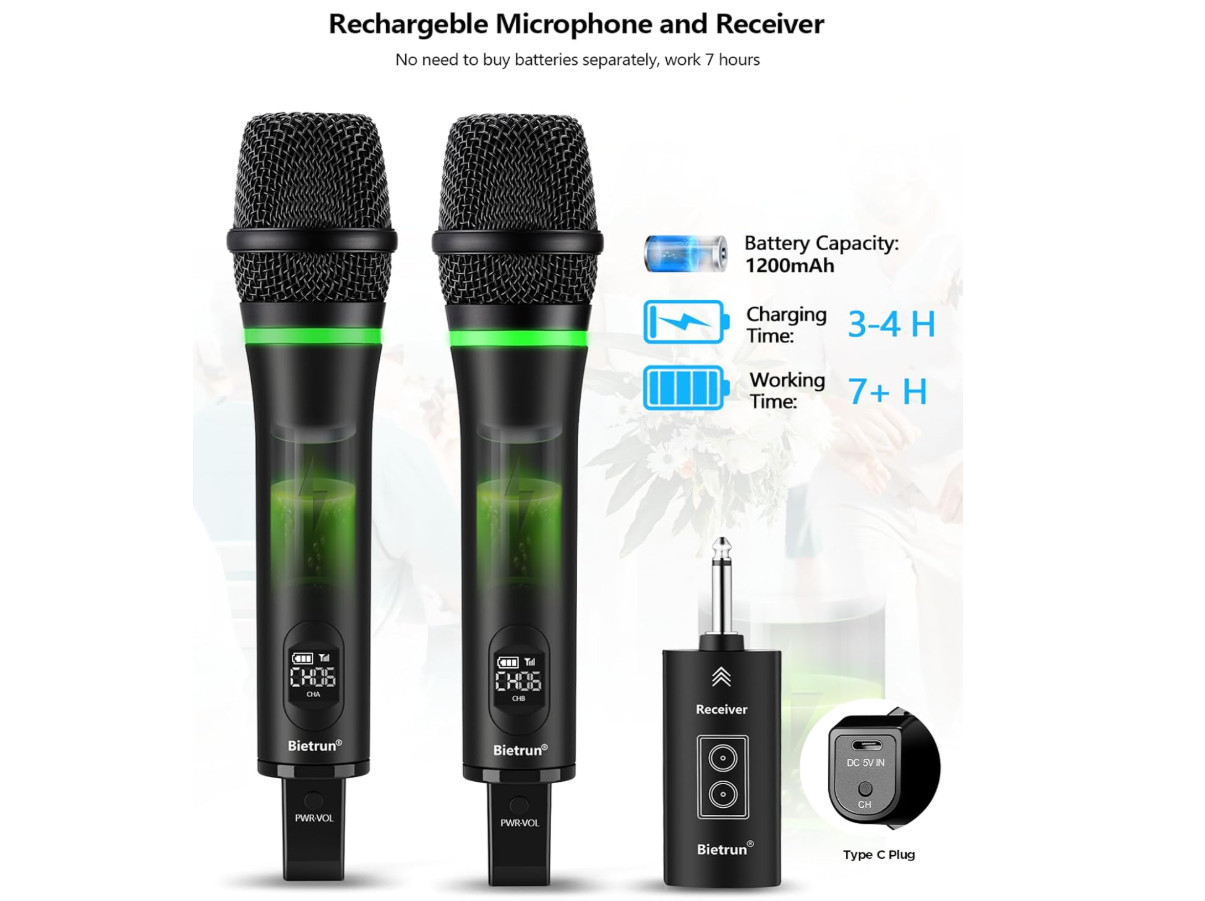 Micrófono inalámbrico recargable, con salida de 1/4 pulgadas para karaoke…