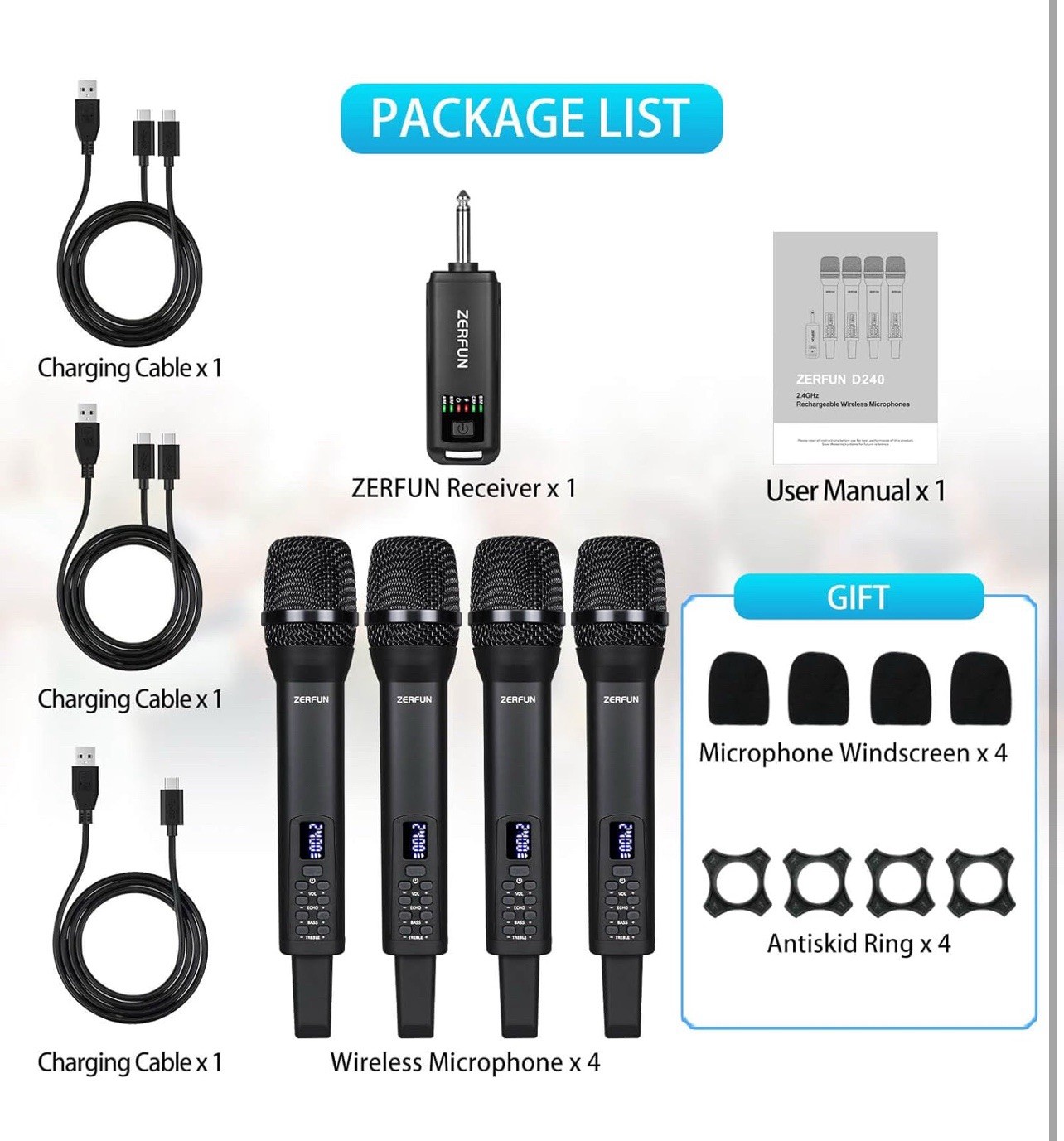 4 Rechargeable Wireless Microphones, Pro Handheld Cordless Mics System with E…