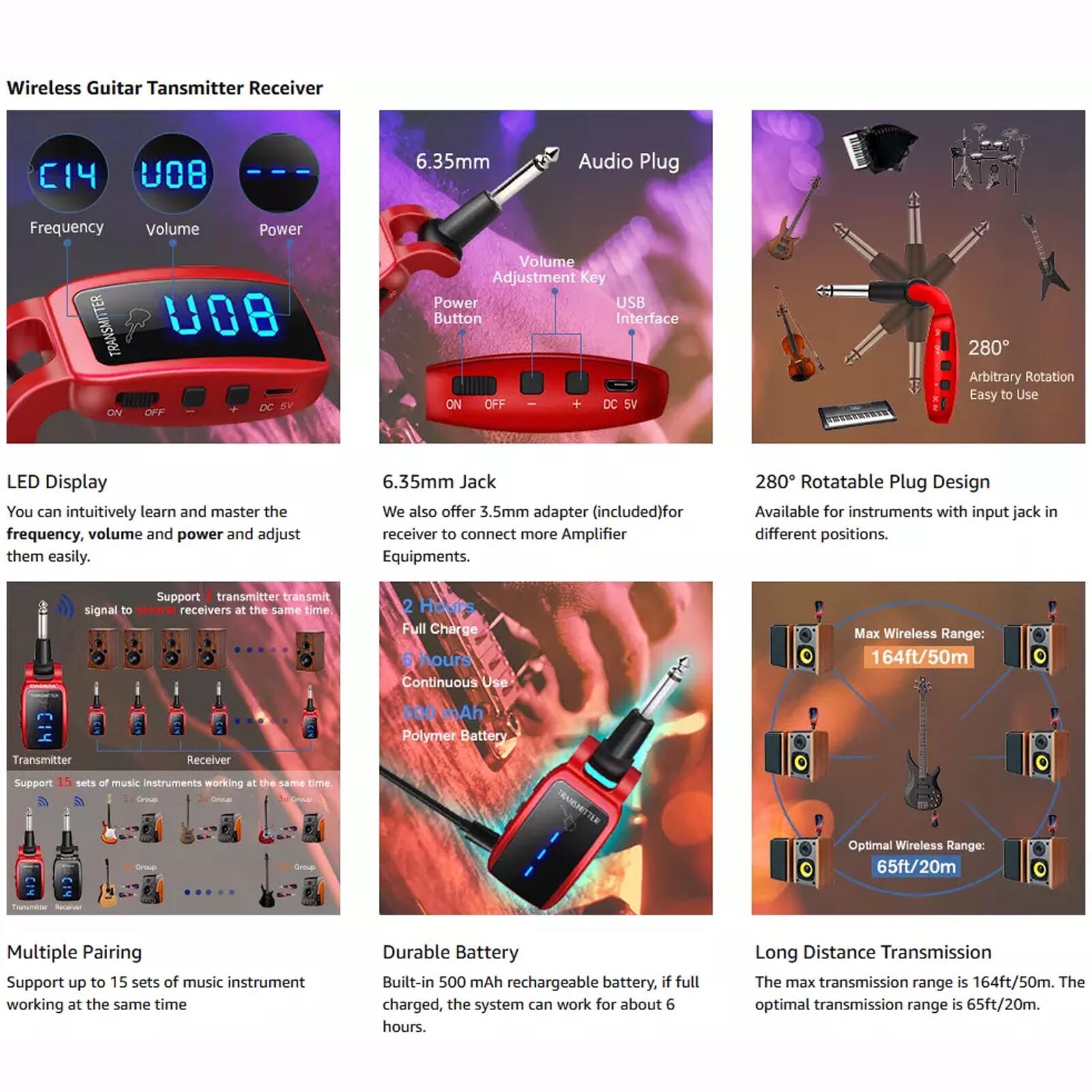 5.8GHz Wireless Guitar System Transmitter Receiver Rechargeable LED Display 30m
