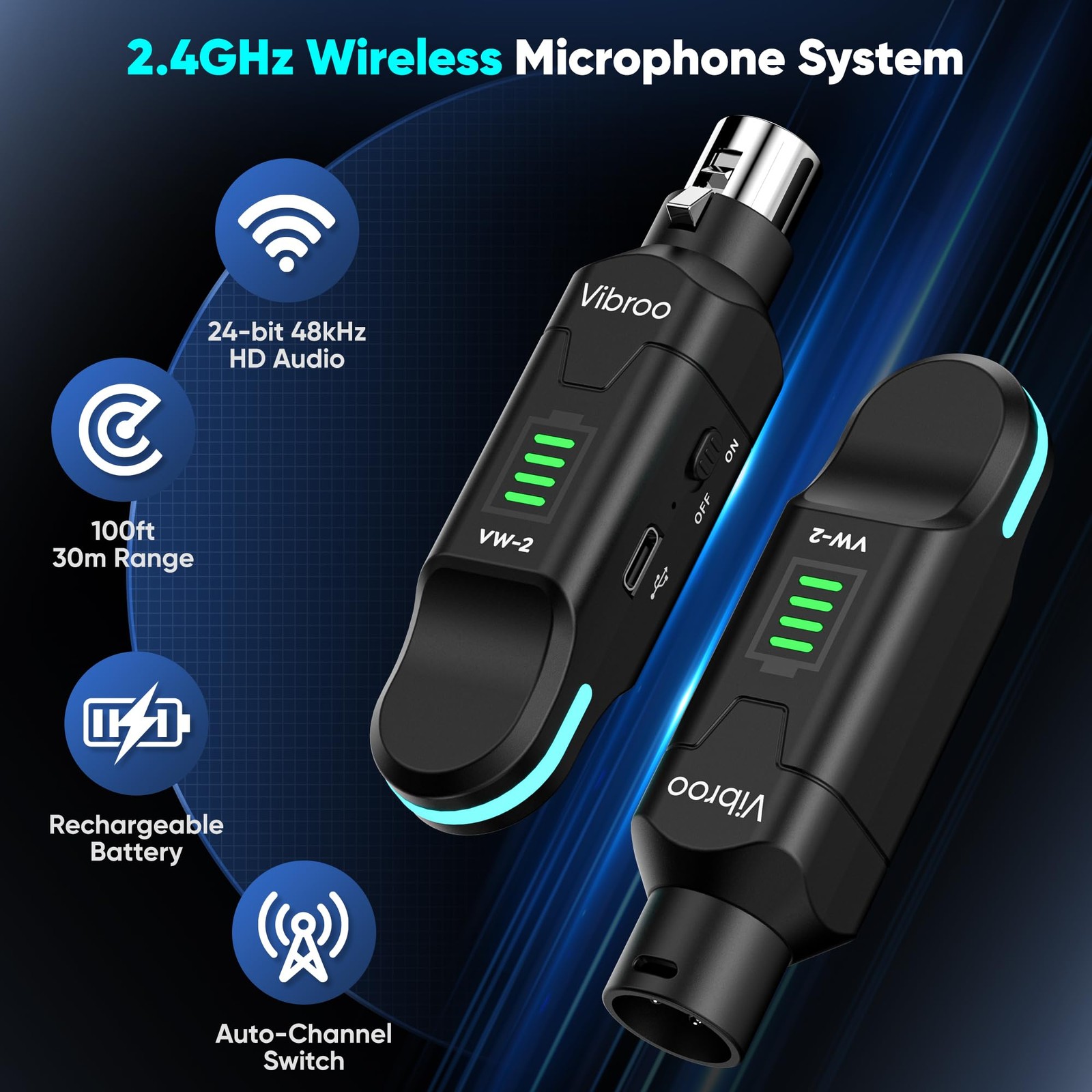 Wireless XLR Microphone System – 2.4GHz, 100ft Range, 48V Phantom Power