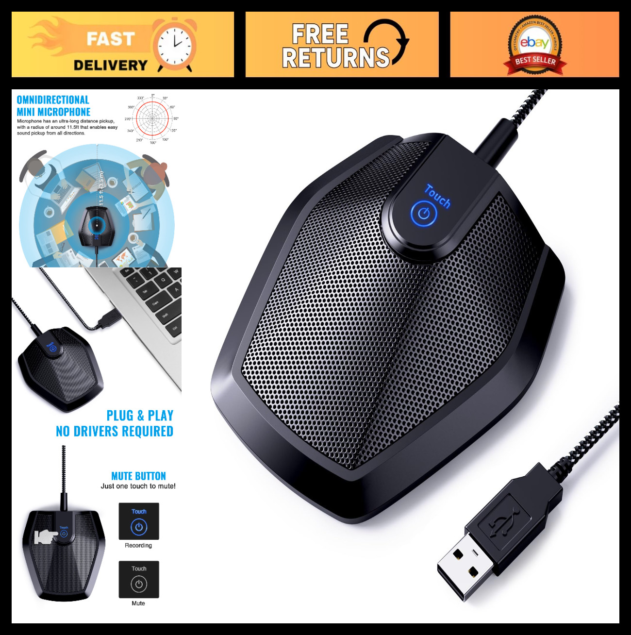 USB Conference Microphone, Omnidirectional Condenser Mic for Video Calls, Record