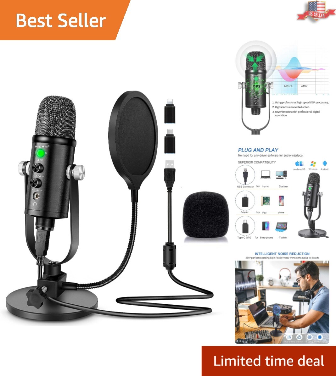 Portable Versatile USB Microphone for Gaming, Videos – Plug&Play Studio Mic