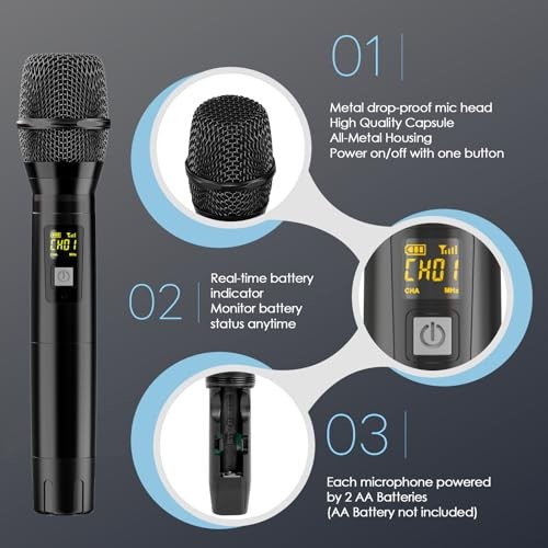 UHF Wireless Microphone System Set: Metal Cordless Handheld & Bodypack Mics