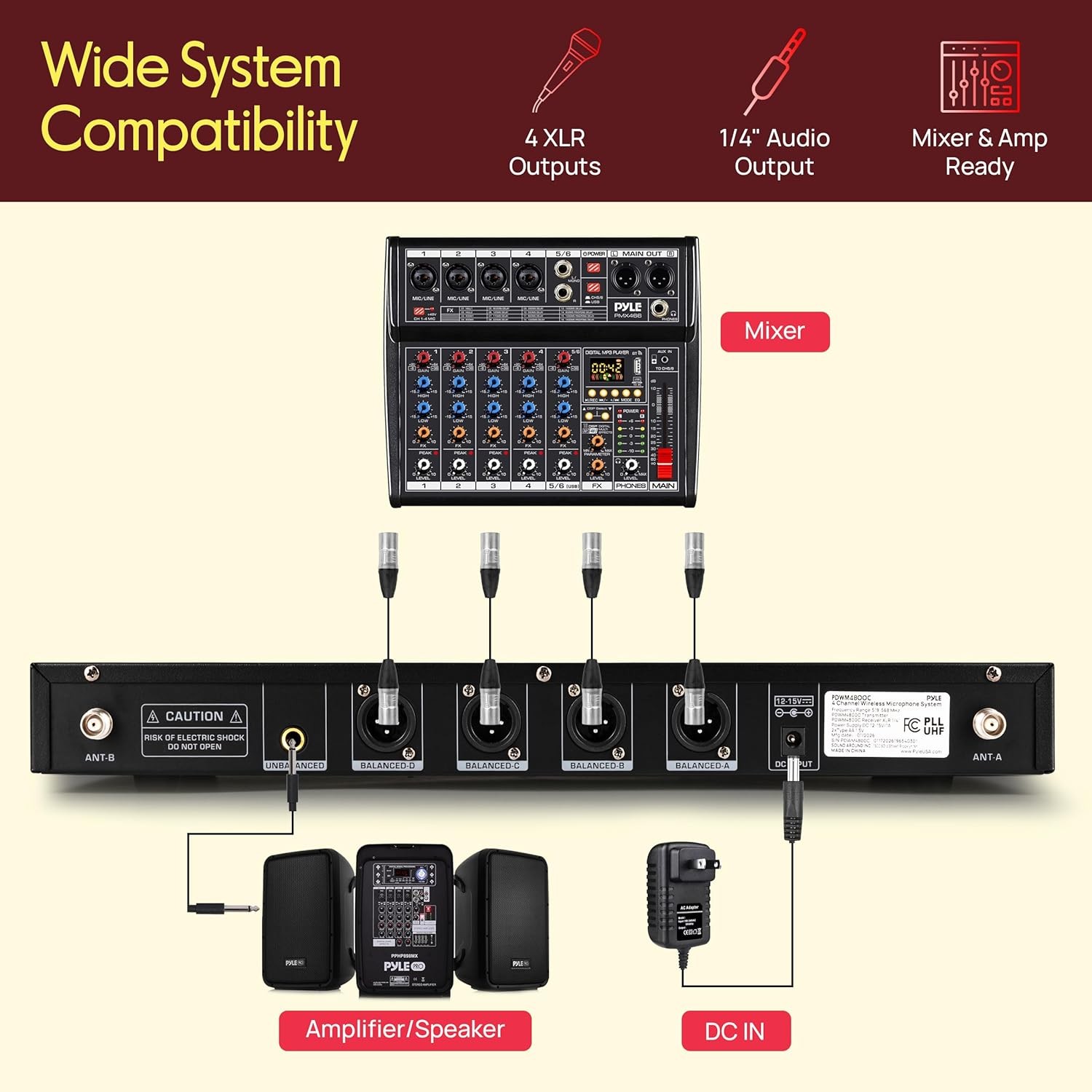 Pyle 4 Channel Wireless Microphone System 4 Handheld Wireless Mics UHF Cordless