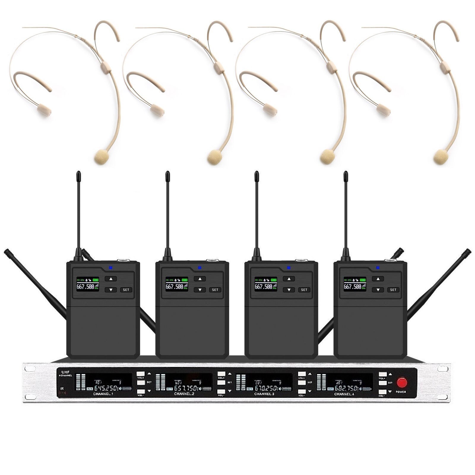 4 Channel PRO UHF Cordless Microphone System 4 Condenser Headset mic LCD Display