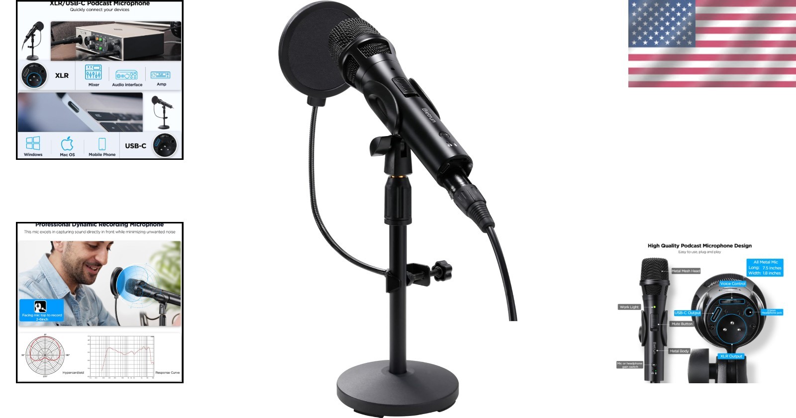 Professional XLR USB Dynamic Microphone Bundle with Metal Stand & Pop Filter